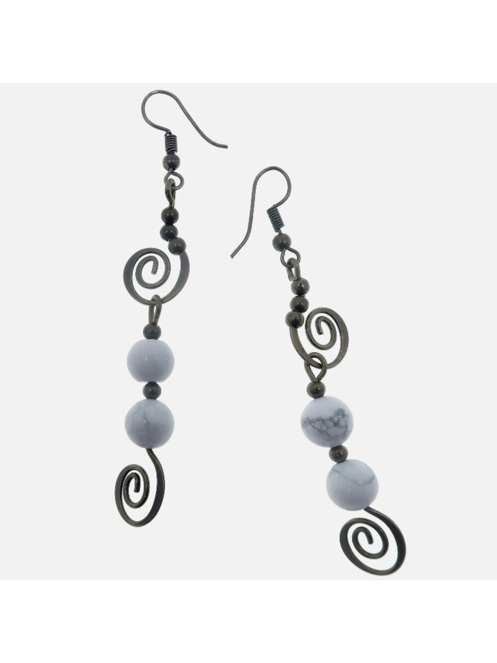 Howlite Earrings White Gemstone Spiral of Peace Long Beaded Dangle Drop Jewelry